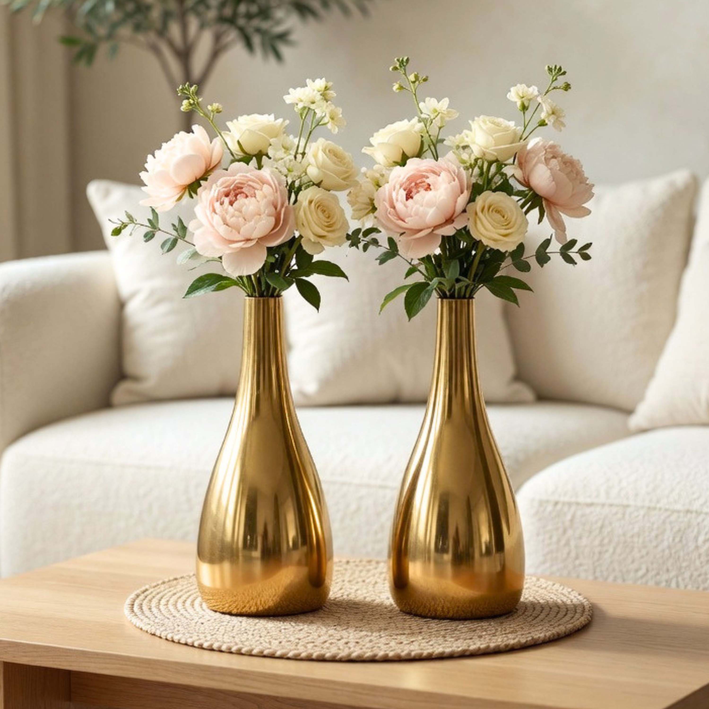 Two gold vases with floral arrangements on a wooden table in a living room setting, Teardrop Flower Vase Set