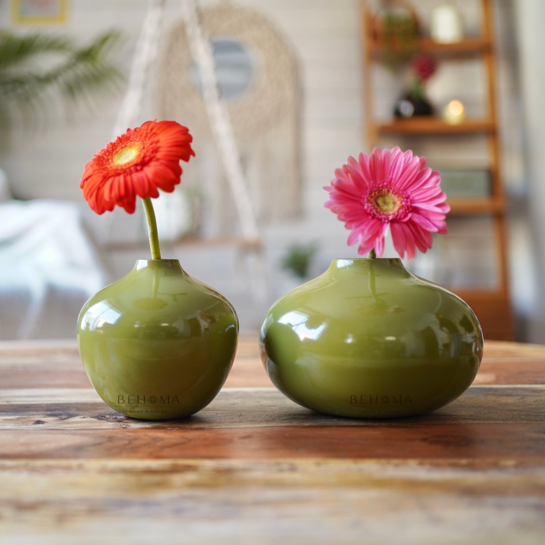 Olive Green metal bud flower vase with flower  set of 2 