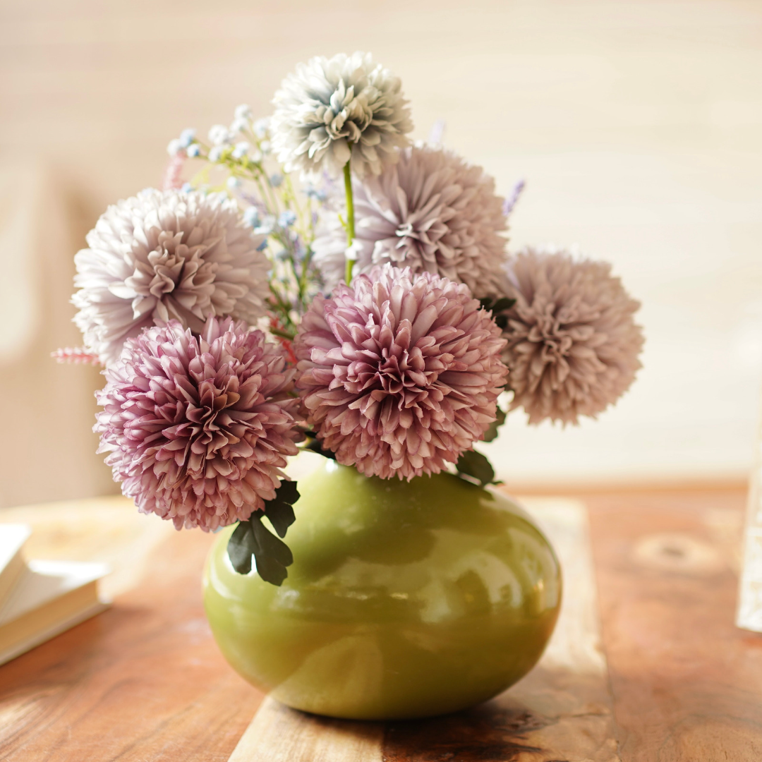 Olive Green metal bud flower vase with flower 