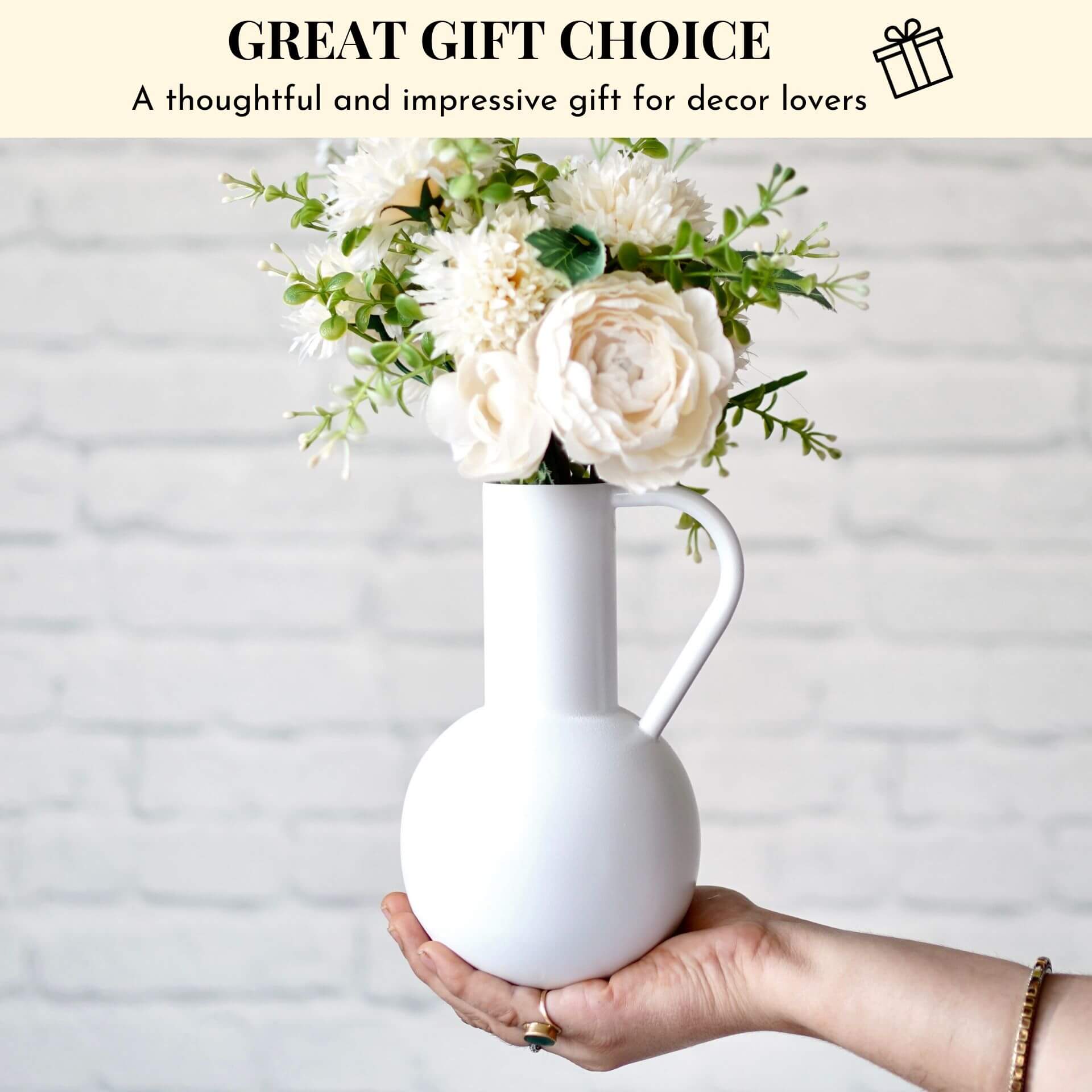 Metal jug shape flower vase white 