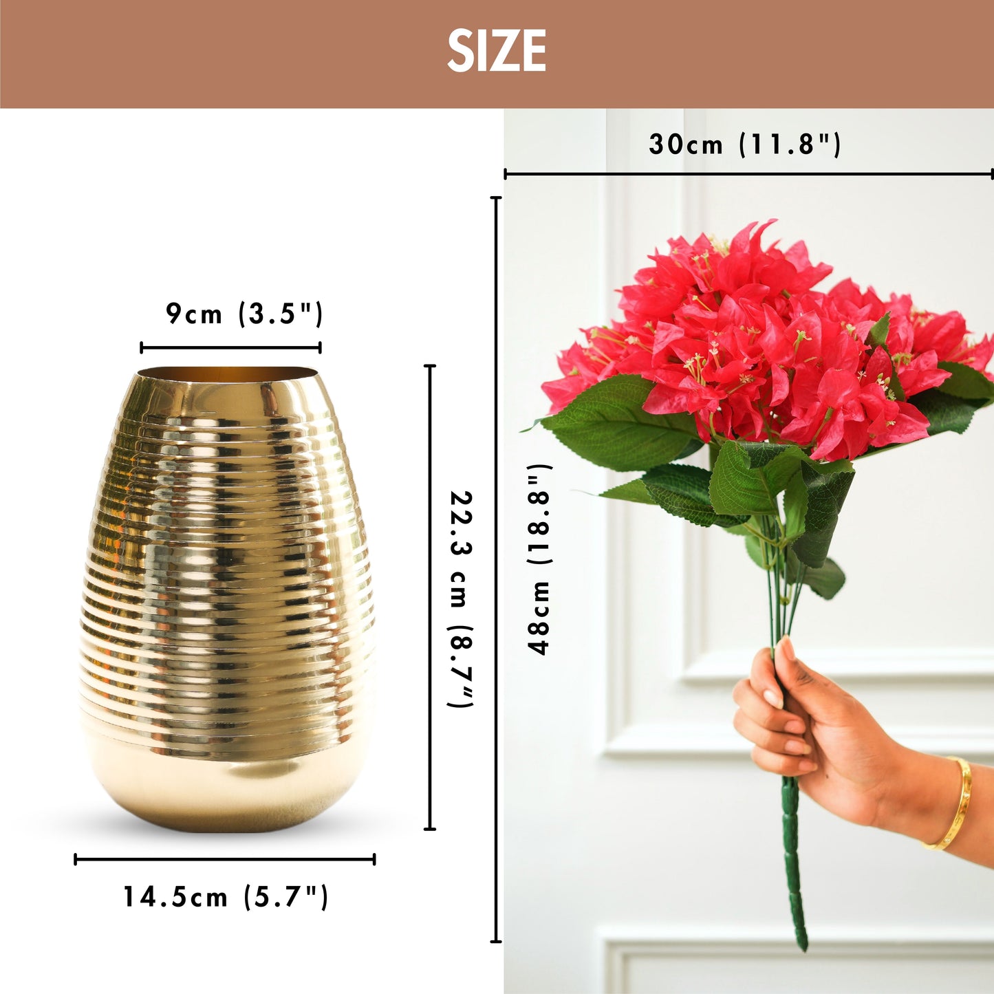 Combo of Ribbed Metal Vase and Bougainvillea