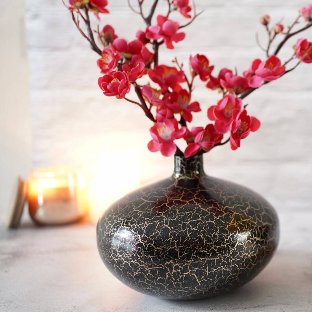 Metal vase with Pink artificial flowers in vase - Wide 
