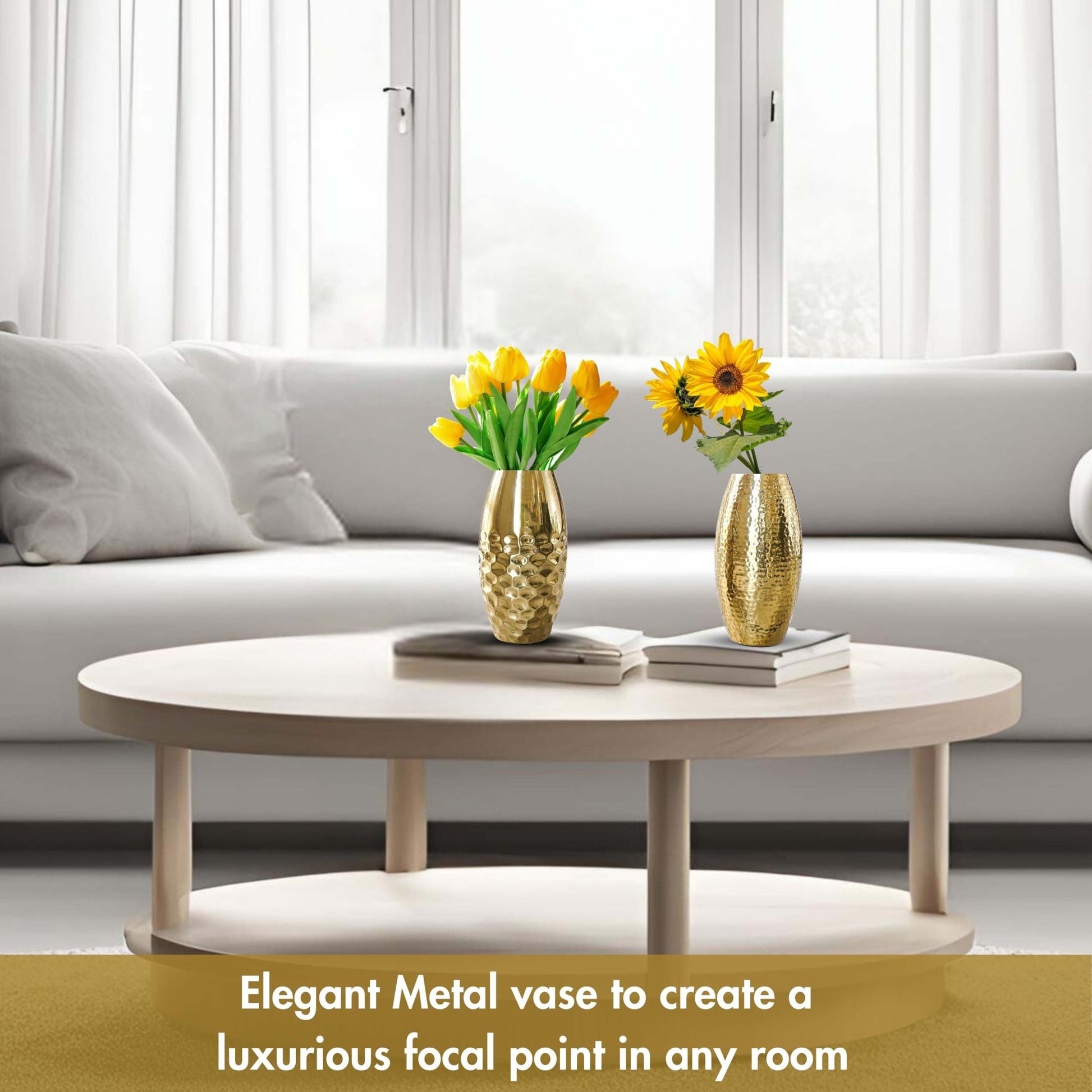 Behoma Metal Modern Hammered Flower Vase, Gold - Set of 2 - 8.1'' - Behoma