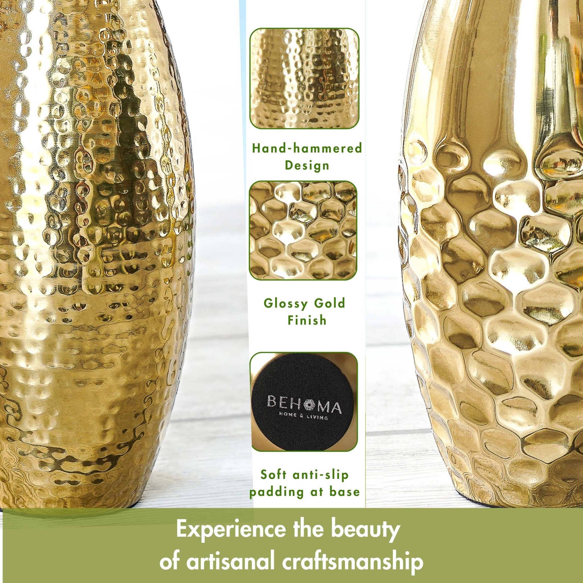 Behoma Metal Modern Hammered Flower Vase, Gold - Set of 2 - 8.1'' - Behoma