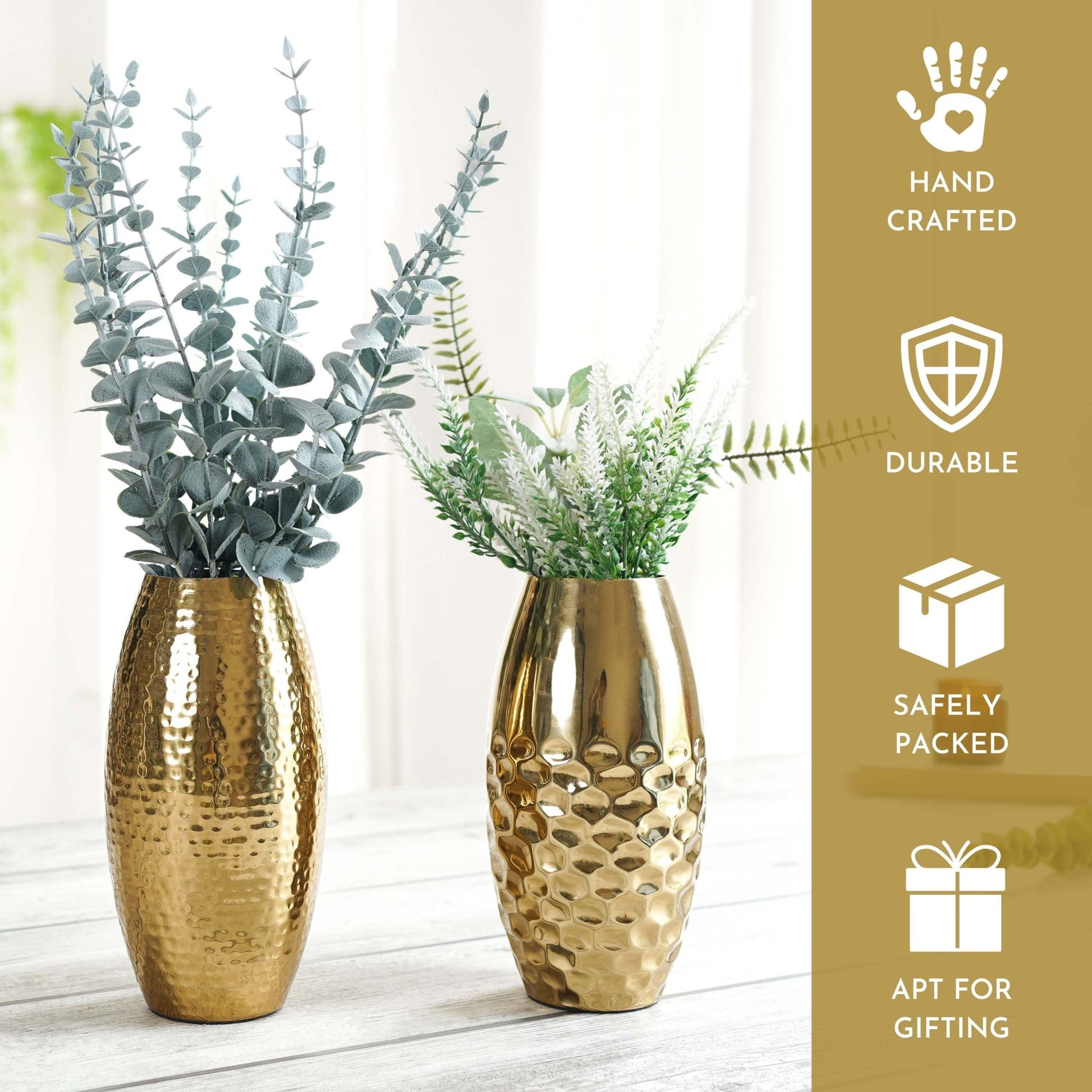 Behoma Metal Modern Hammered Flower Vase, Gold - Set of 2 - 8.1'' - Behoma