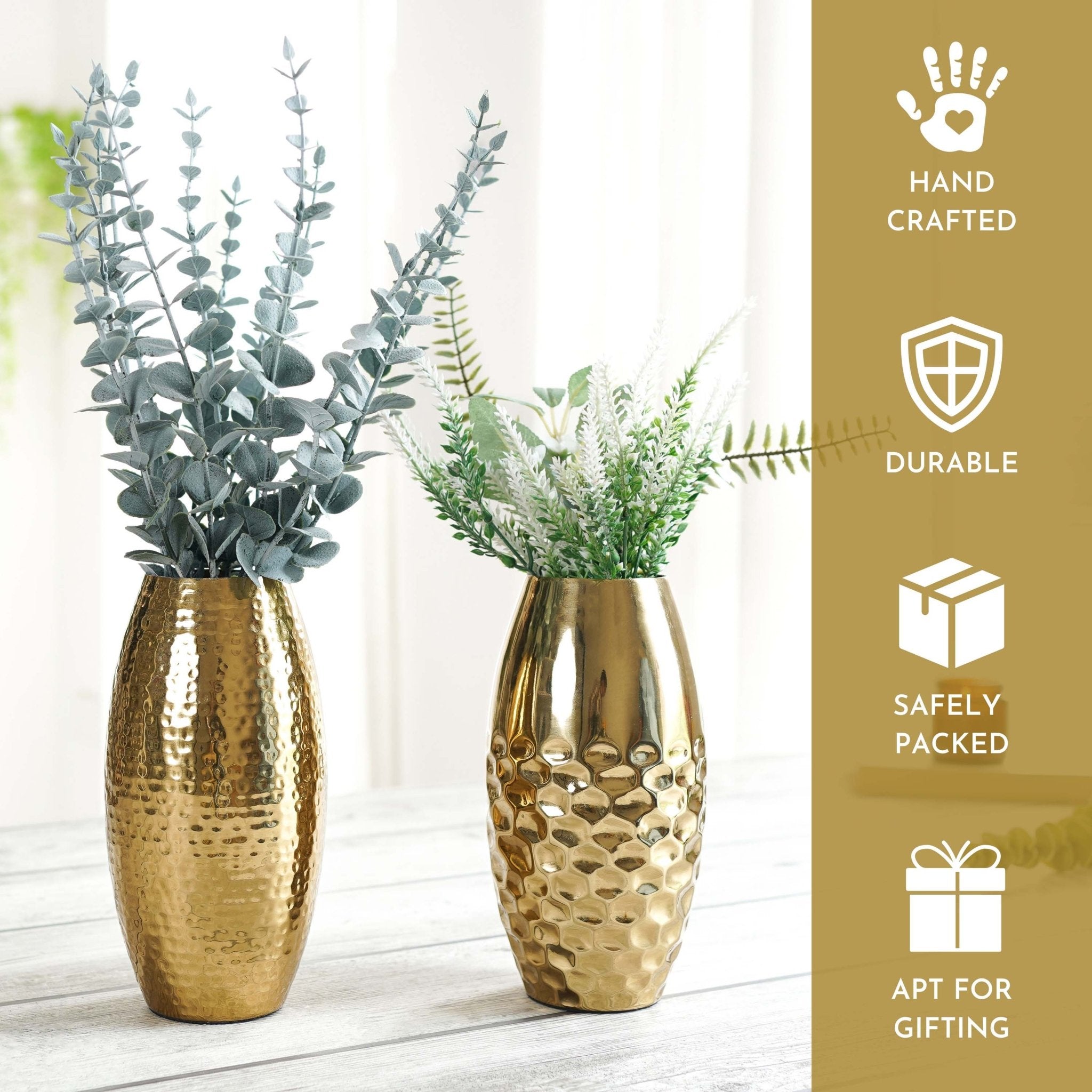 Behoma Metal Modern Hammered Flower Vase, Gold - Set of 2 - 8.1'' - Behoma