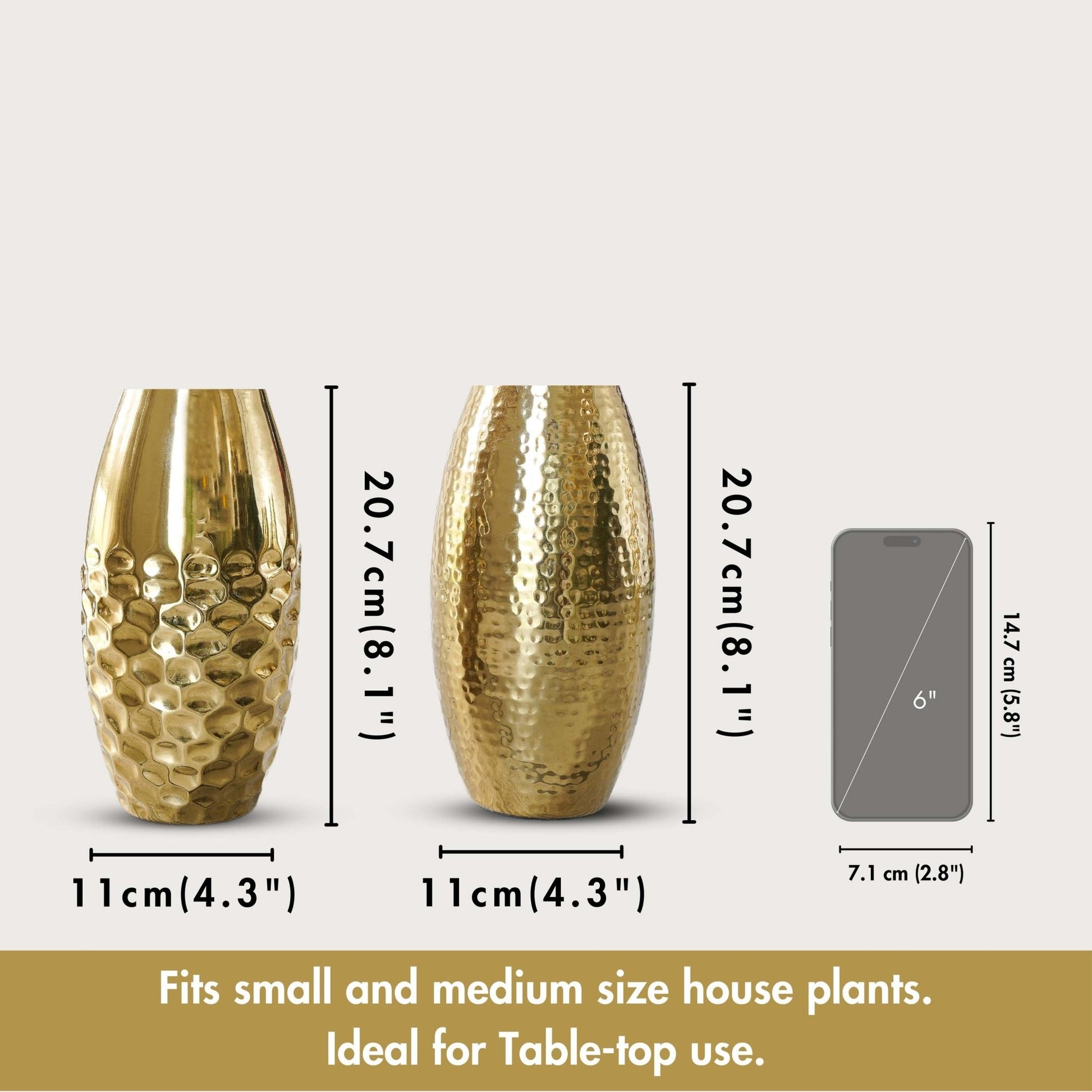 Behoma Metal Modern Hammered Flower Vase, Gold - Set of 2 - 8.1'' - Behoma
