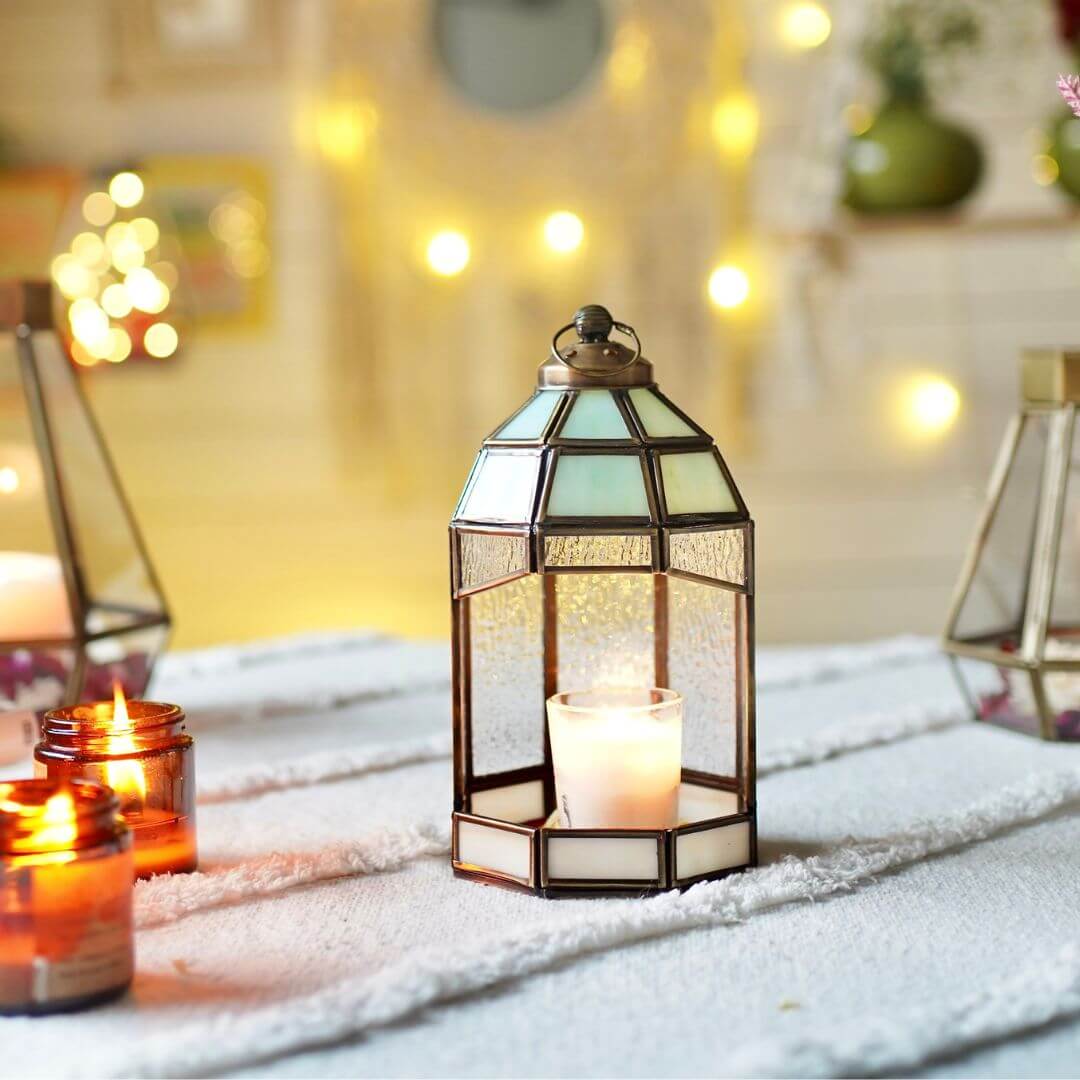 Behoma Stained Glass Hut Lantern (Antique Brass) - 8.8''X 4.7'' - Behoma