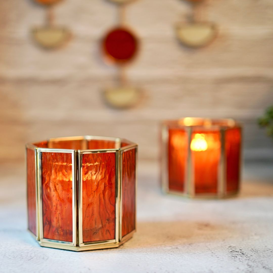 Behoma Textured Orange Glass Votive Candle Holder, Set of 2 - Behoma
