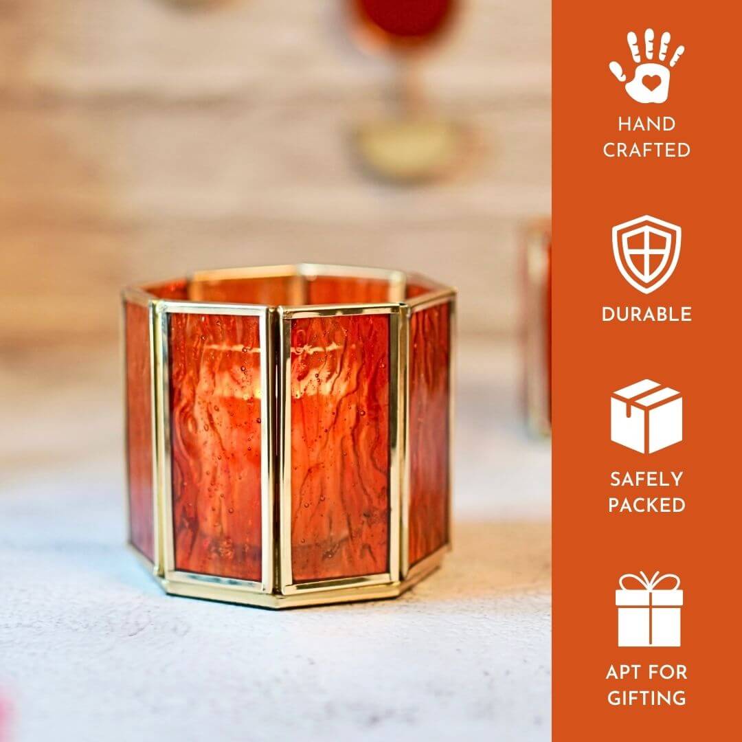 Behoma Textured Orange Glass Votive Candle Holder, Set of 2 - Behoma