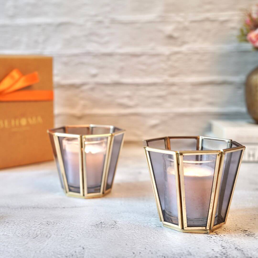 Behoma Textured Orange Glass Votive Candle Holder, Set of 2 - Behoma