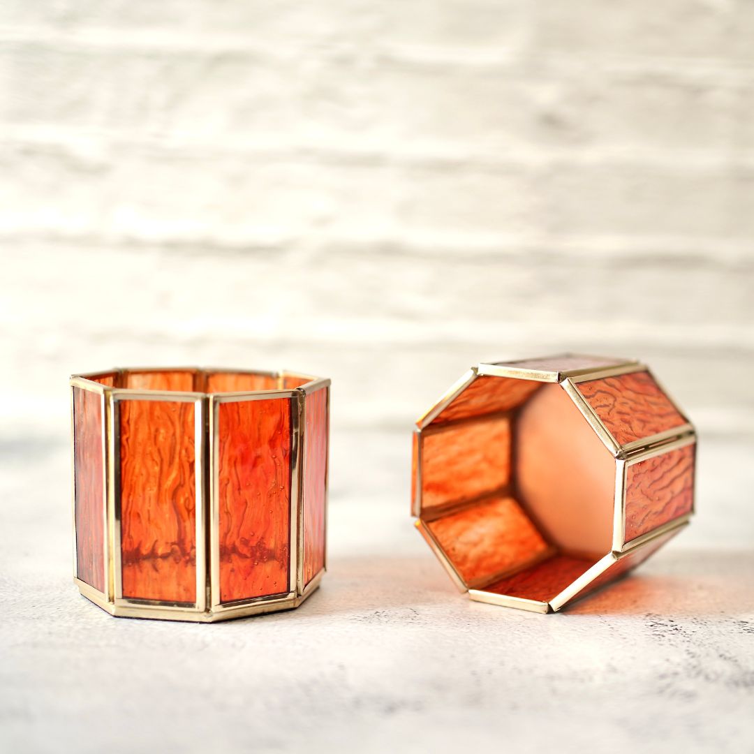Behoma Textured Orange Glass Votive Candle Holder, Set of 2 - Behoma