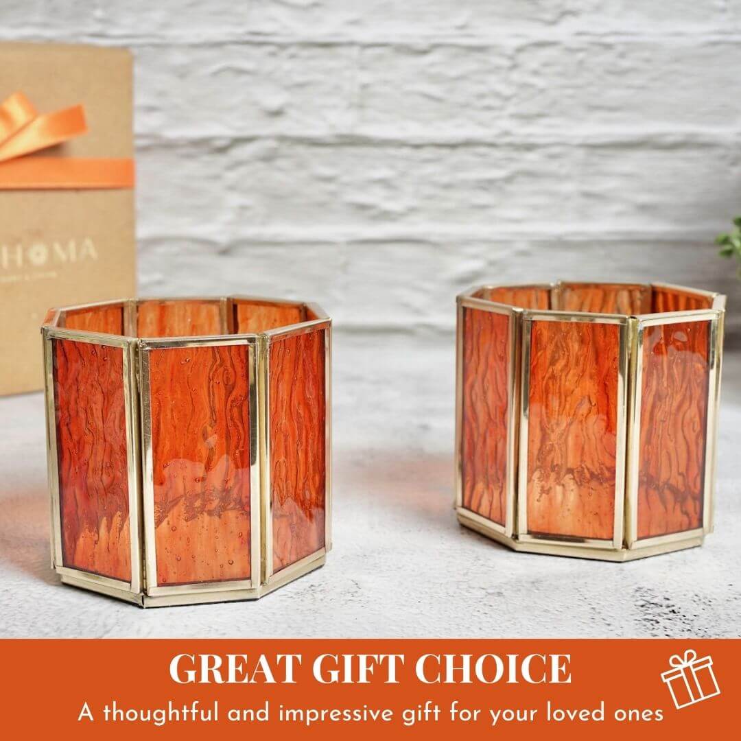 Behoma Textured Orange Glass Votive Candle Holder, Set of 2 - Behoma