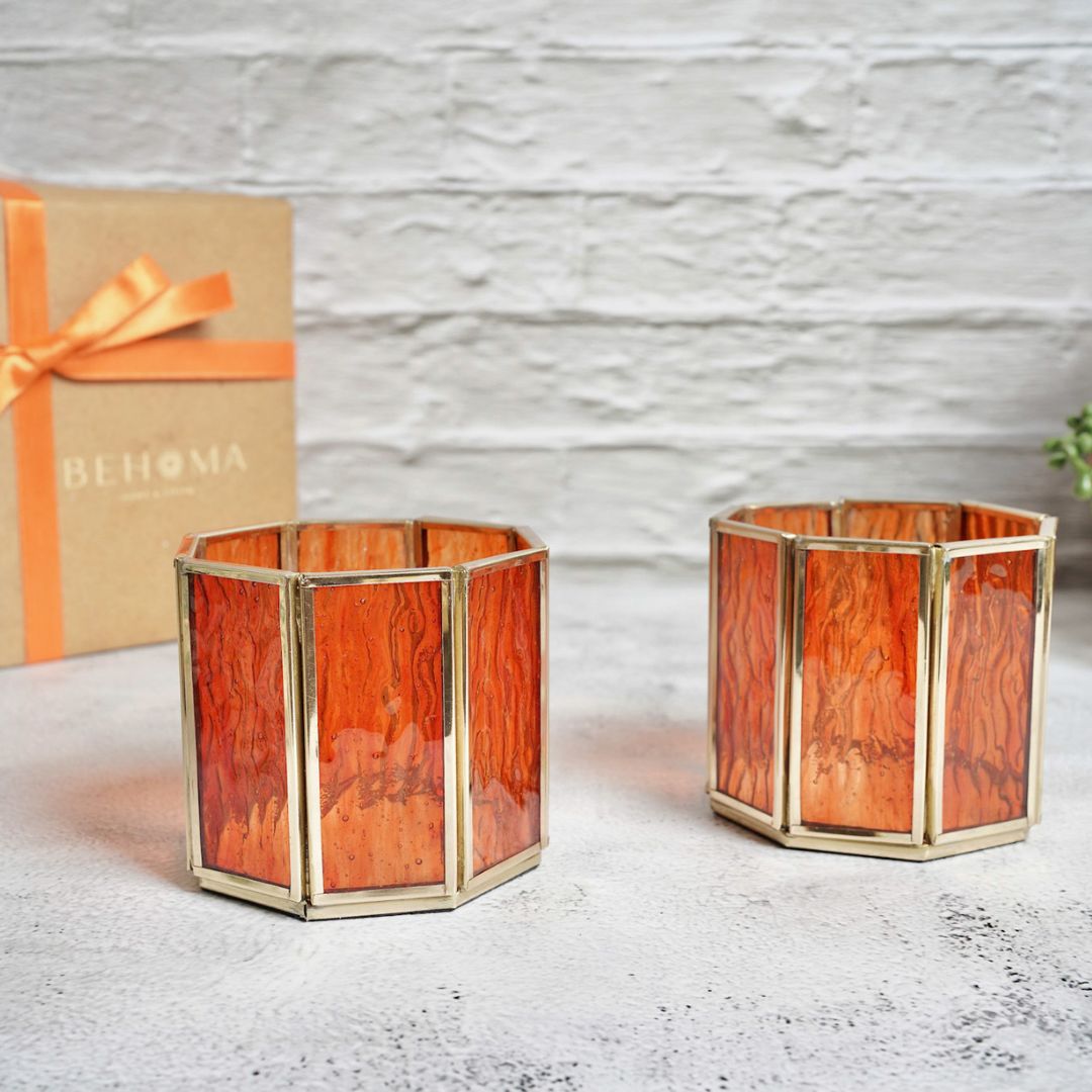 Behoma Textured Orange Glass Votive Candle Holder, Set of 2 - Behoma