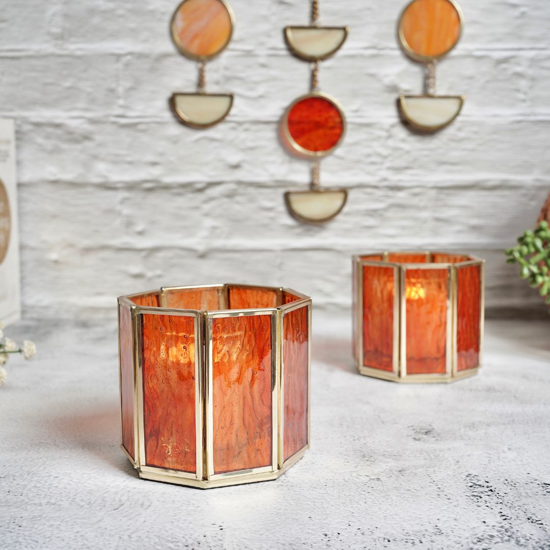 Behoma Textured Orange Glass Votive Candle Holder, Set of 2 - Behoma