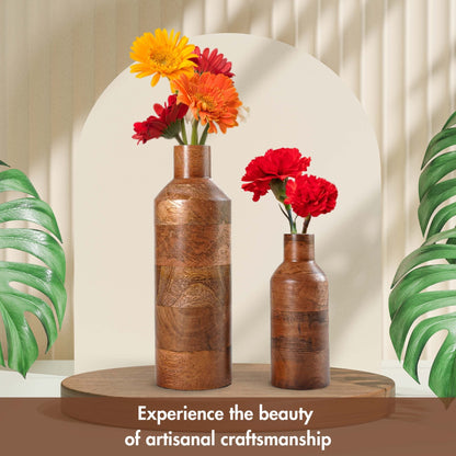 Bottle Style Flower Vase, Walnut Finish, Set - 9'' & 5.9'' - Behoma