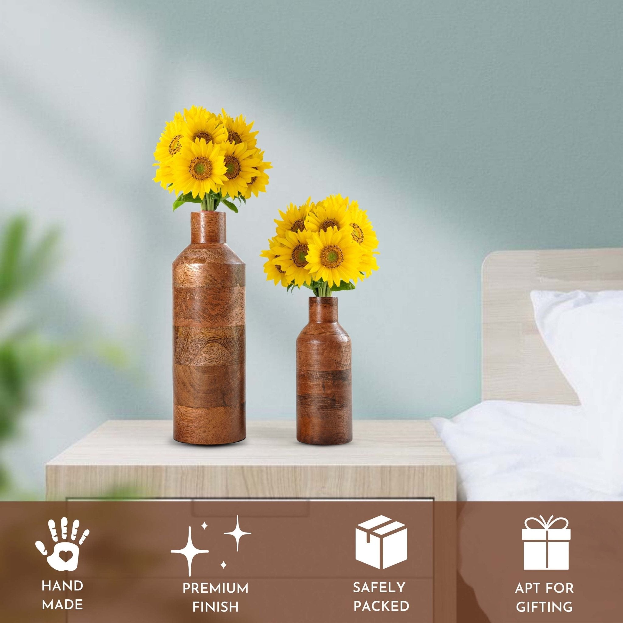 Bottle Style Flower Vase, Walnut Finish, Set - 9'' & 5.9'' - Behoma