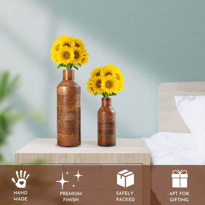 Bottle Style Flower Vase, Walnut Finish, Set - 9'' & 5.9'' - Behoma