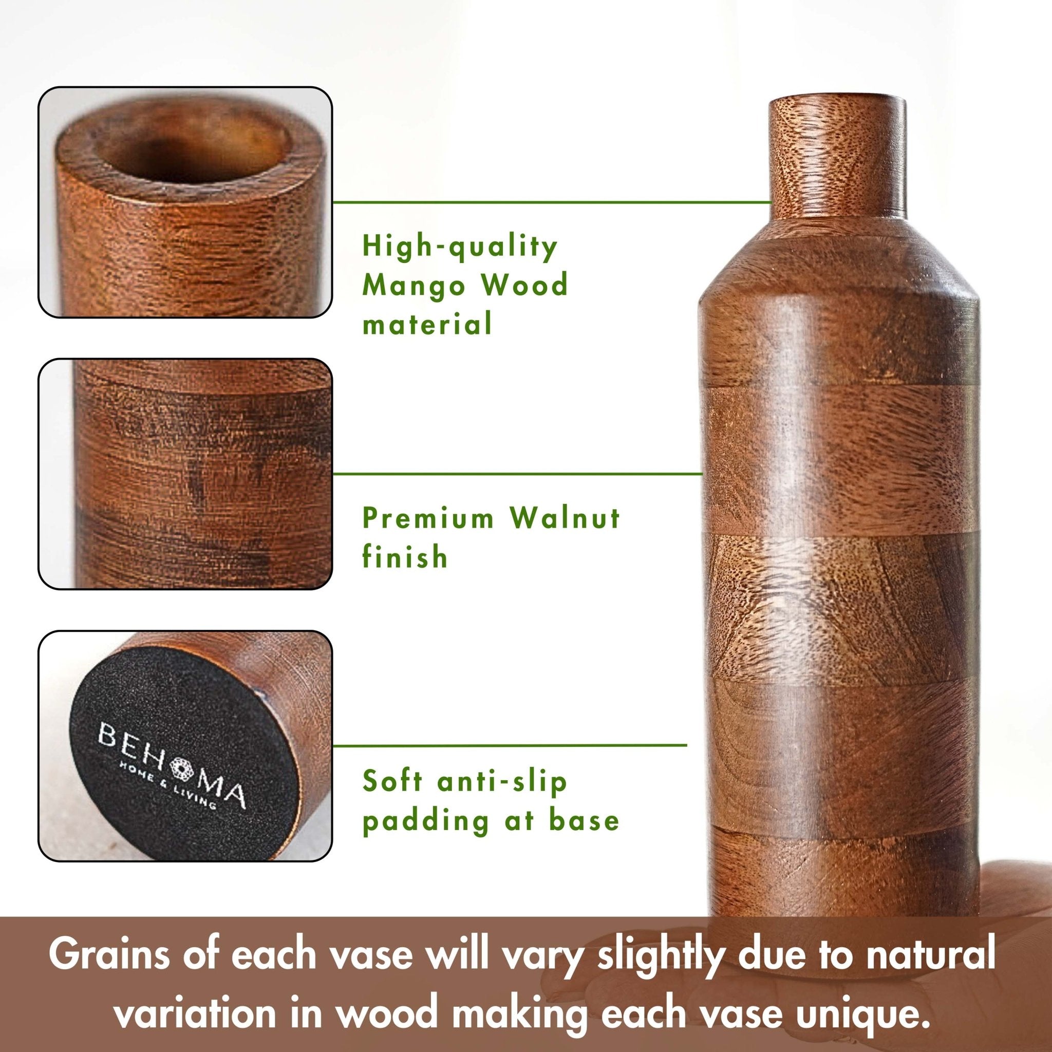 Bottle Style Flower Vase, Walnut Finish, Set - 9'' & 5.9'' - Behoma