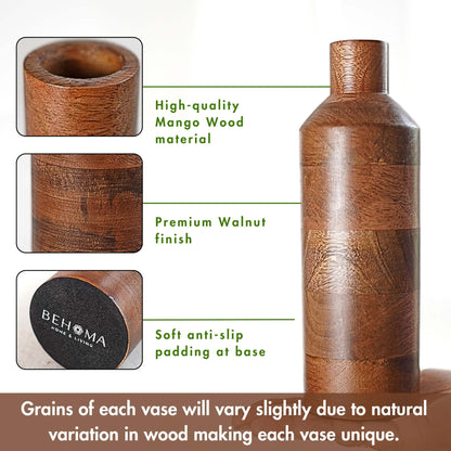 Bottle Style Flower Vase, Walnut Finish, Set - 9'' & 5.9'' - Behoma