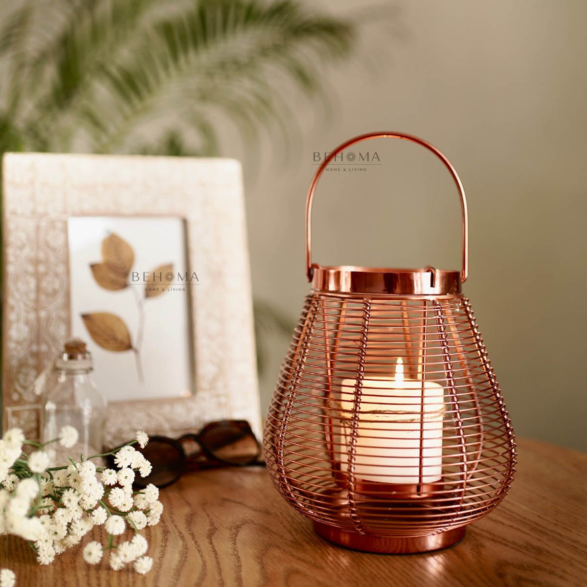 Cage Candle Holder, Copper - 9.8''X 7.8'' - Behoma
