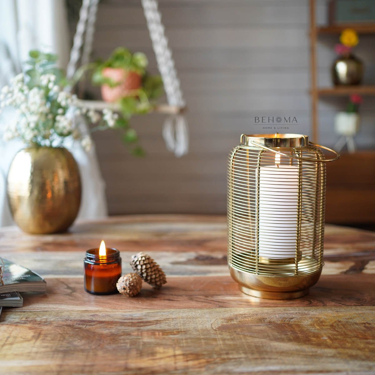 Classic Wire Metal Lantern, Gold - 10''X 6.2'' - Behoma