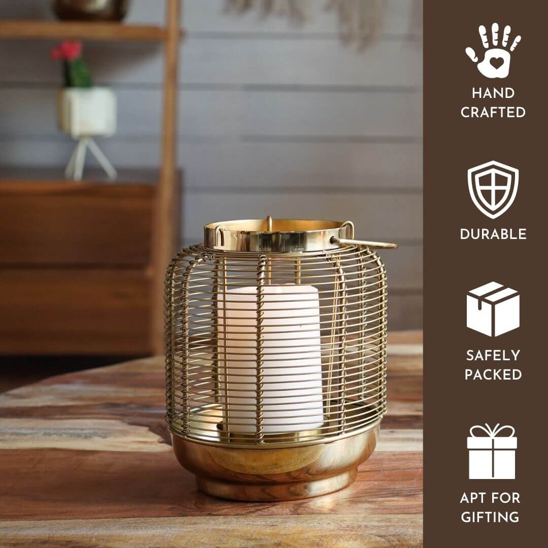 Classic Wire Metal Lantern, Gold - 7.6''X 6.2'' - Behoma