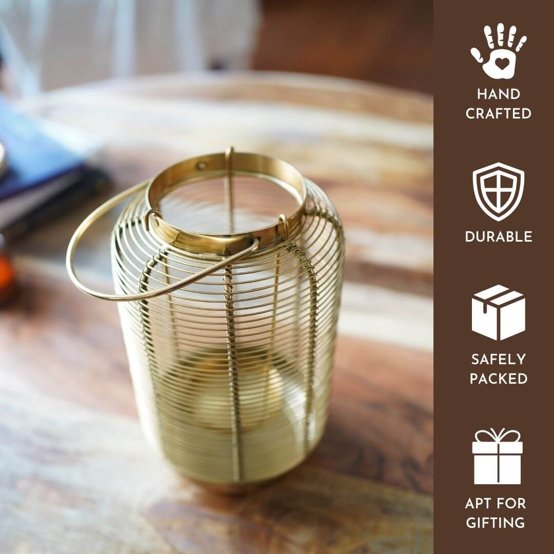Classic Wire Metal Lantern, Gold - 7.6''X 6.2'' - Behoma