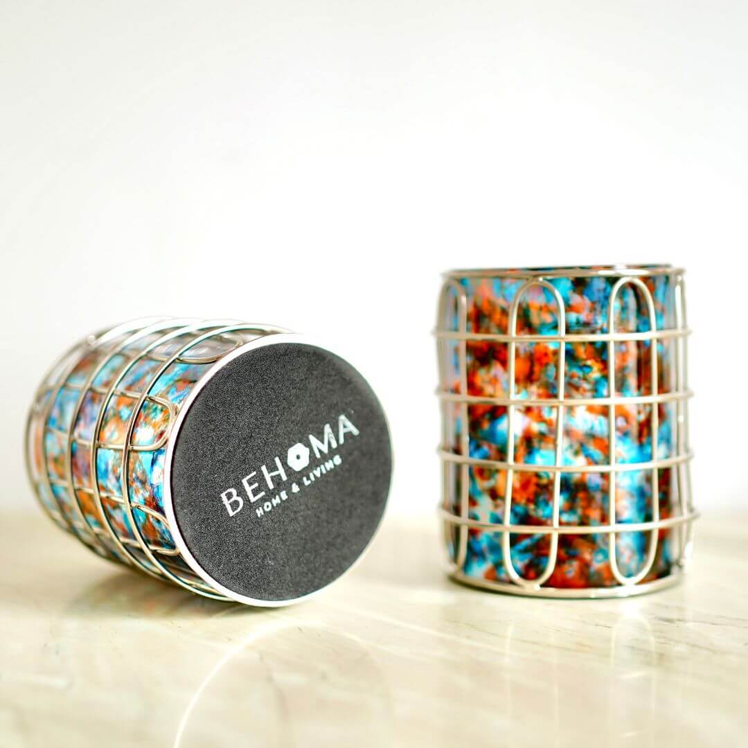 Elegant Steel and Glass Cutlery Holder, Blue - Set of 2 - Behoma