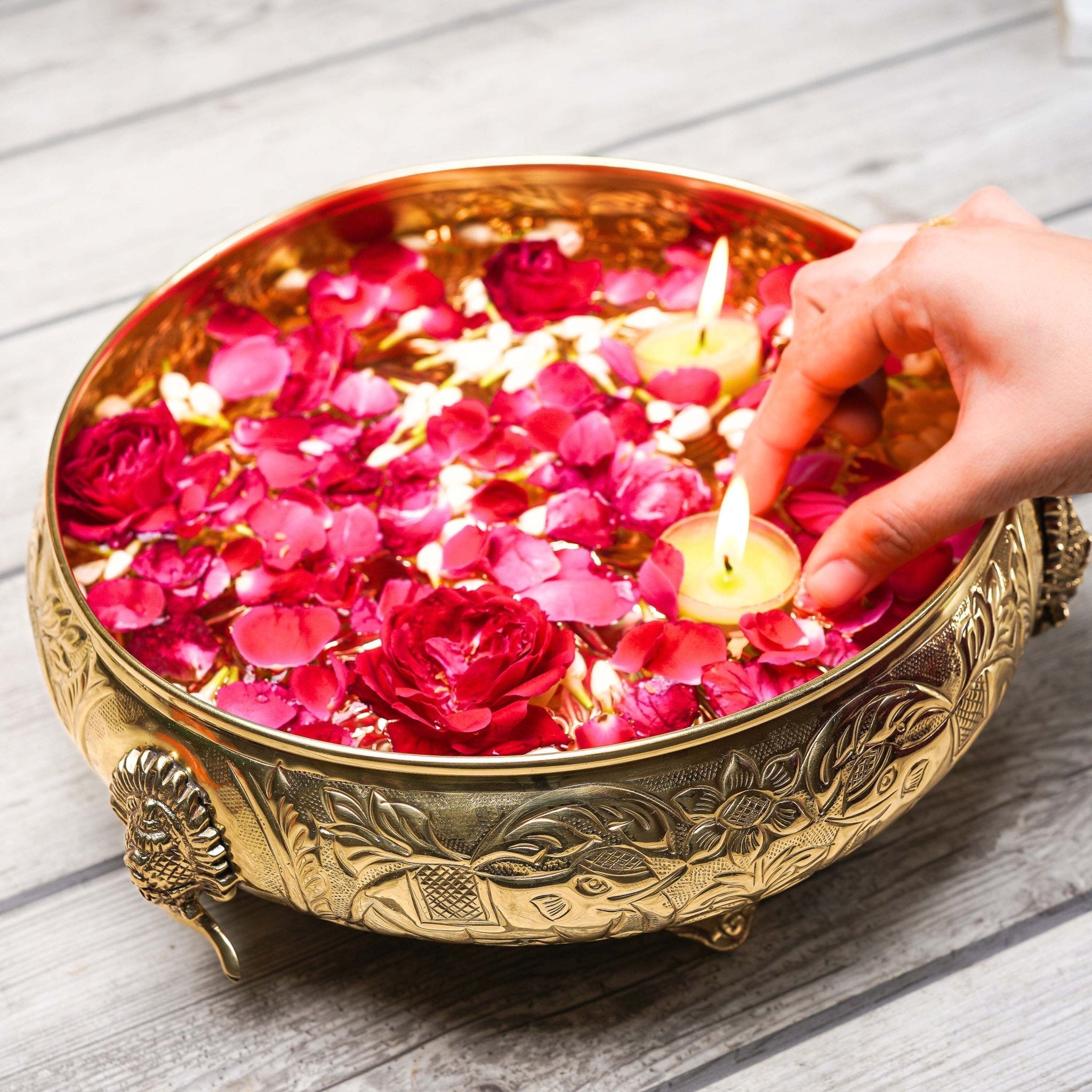 Brass Urli, Brass urli for pooja, Traditional urli bowl, Floating flower urli