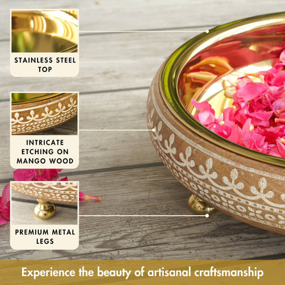 Wooden urli bowl, Traditional urli bowl, Metal urli bowl, Decorative urli bowl