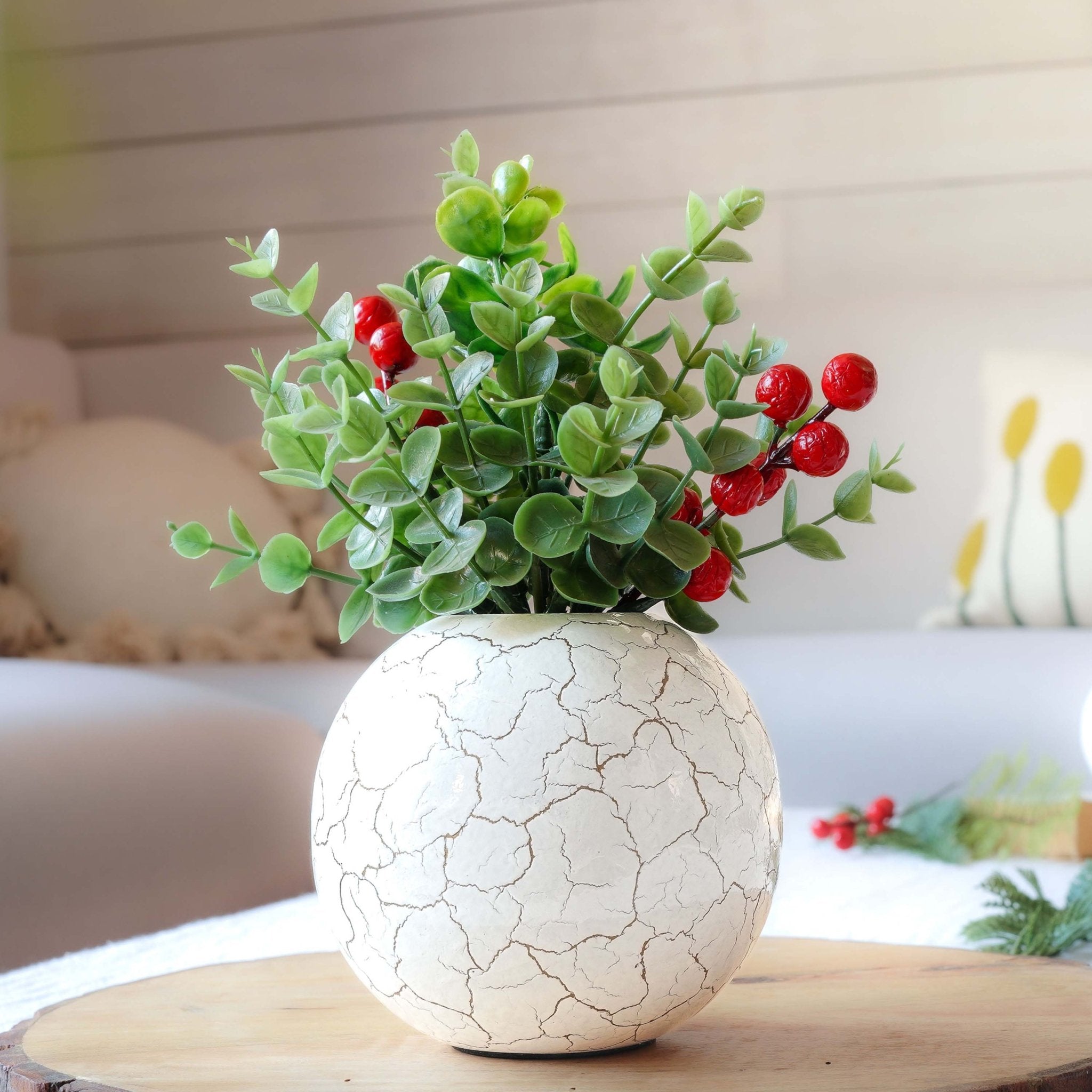 Metal Ball Crackled Flower Vase, White - Small, 4.1'' - Behoma