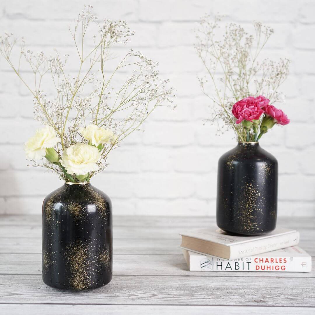 Metal Bottle Flower Vase, Black Crackled, Set of 2 - 6.2'' - Behoma