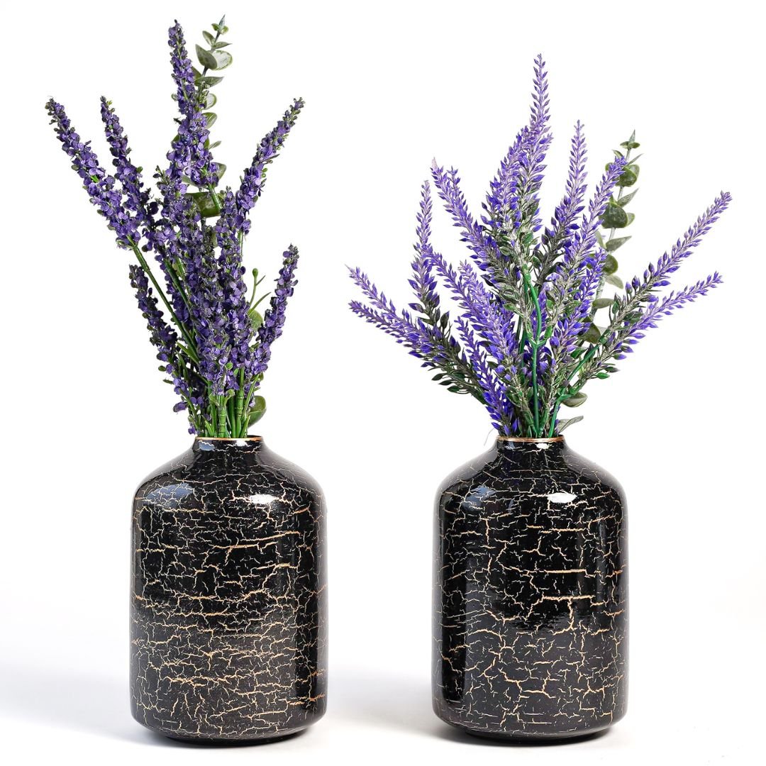 Metal Bottle Flower Vase, Black Crackled, Set of 2 - 6.2'' - Behoma