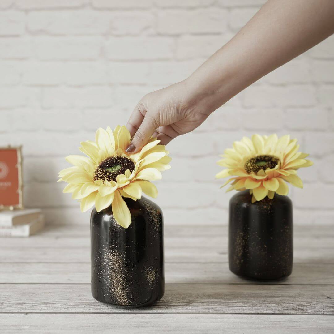 Metal Bottle Flower Vase, Black Crackled, Set of 2 - 6.2'' - Behoma