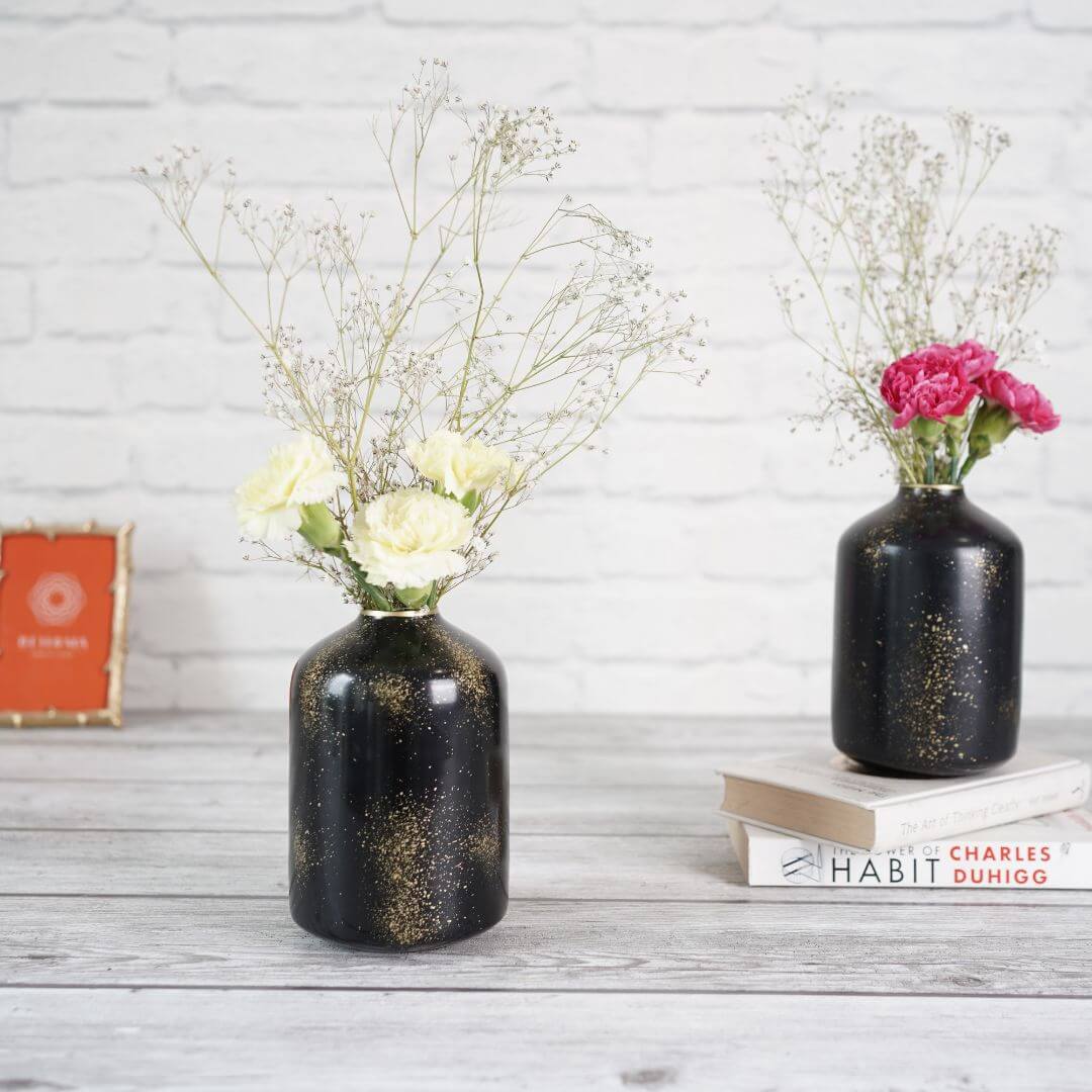 Metal Bottle Flower Vase, Black Crackled, Set of 2 - 6.2'' - Behoma