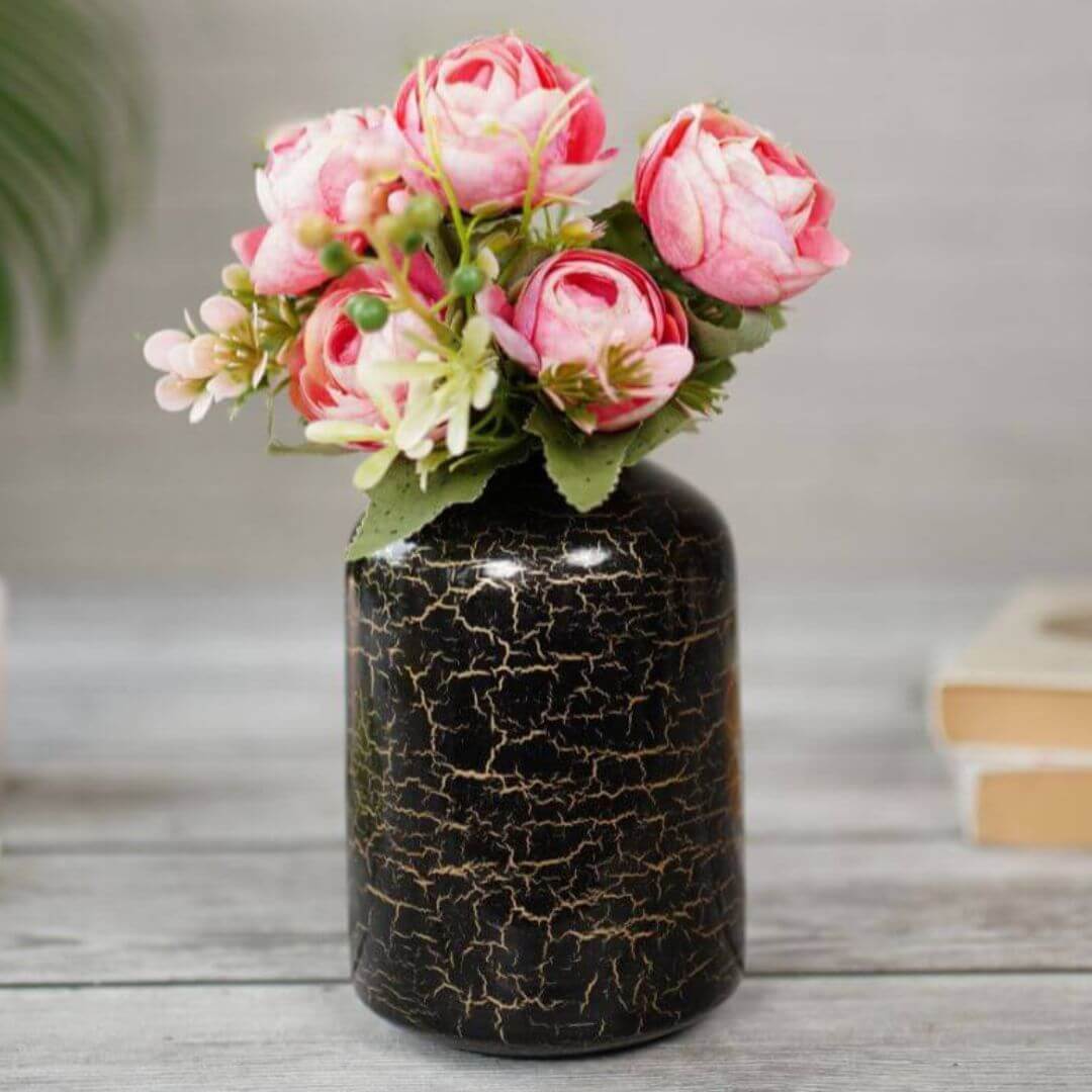 Metal Bud Bottle Flower Vase, Black Crackled, 6.2'' - Behoma