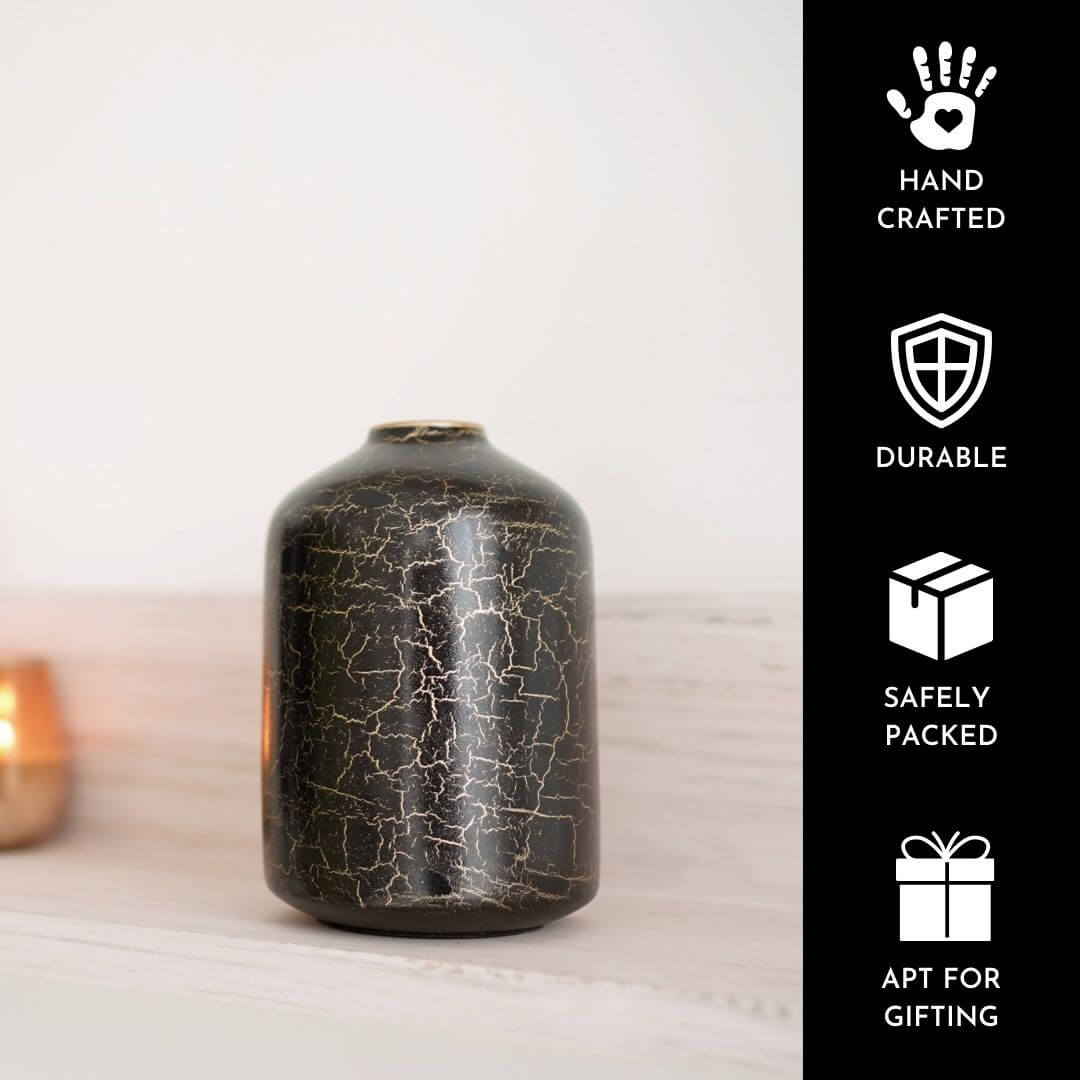 Metal Bud Bottle Flower Vase, Black Crackled, 6.2'' - Behoma