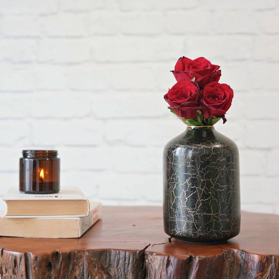 Metal Bud Bottle Flower Vase, Black Crackled, 6.2'' - Behoma
