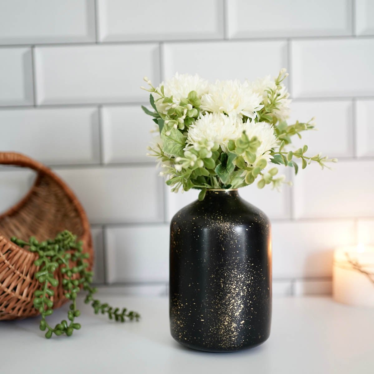 Metal Bud Bottle Flower Vase, Black Speckled, 6'' - Behoma