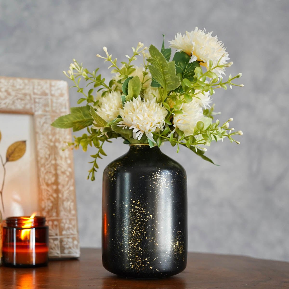 Metal Bud Bottle Flower Vase, Black Speckled, 6'' - Behoma