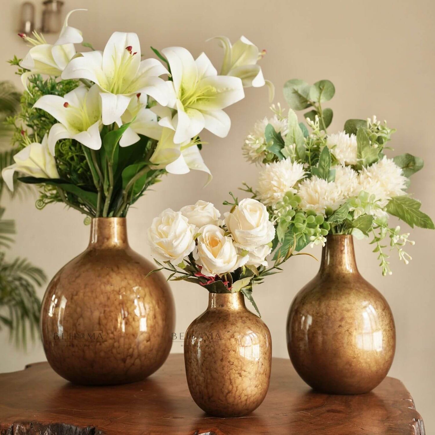 Metal Bud Vase, Antique Gold finish, Set of 3 - Behoma