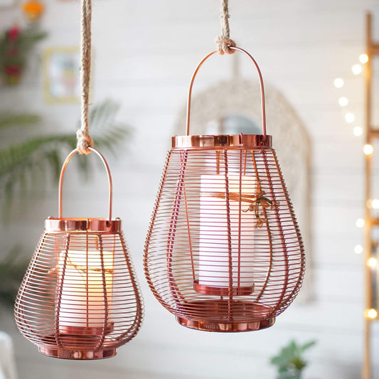Metal Cage Lantern, Copper, Set - 9.8'' & 7.2'' - Behoma