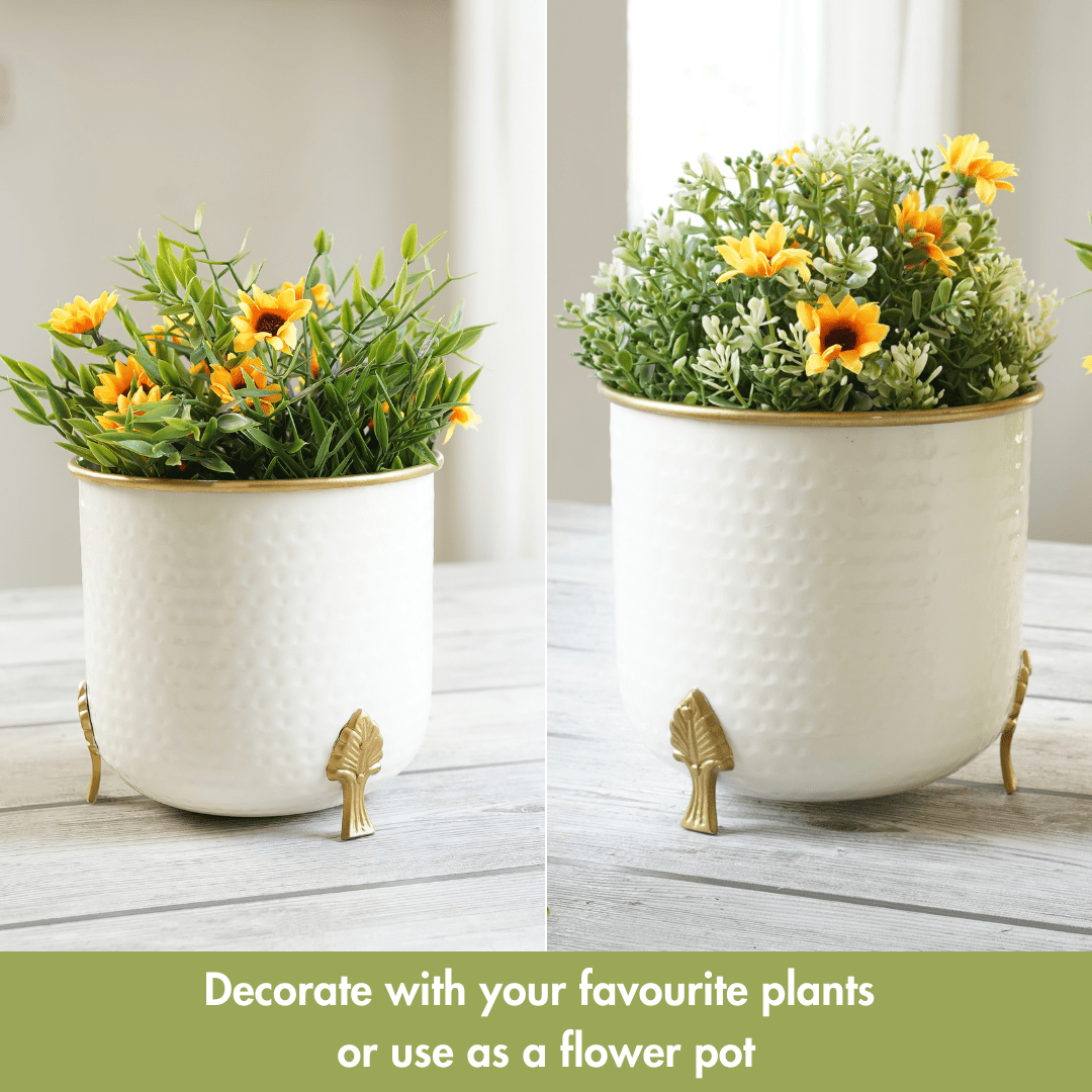 Metal Hammered Gold Rim Leaf leg Planter, White, Set of 2 - 6''X 7'' - Behoma
