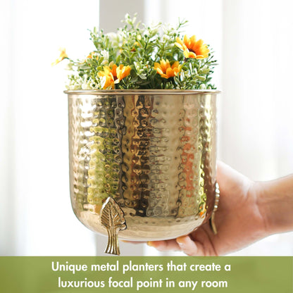Metal Hammered Leaf leg Planter, Gold, 6.2'' - Behoma