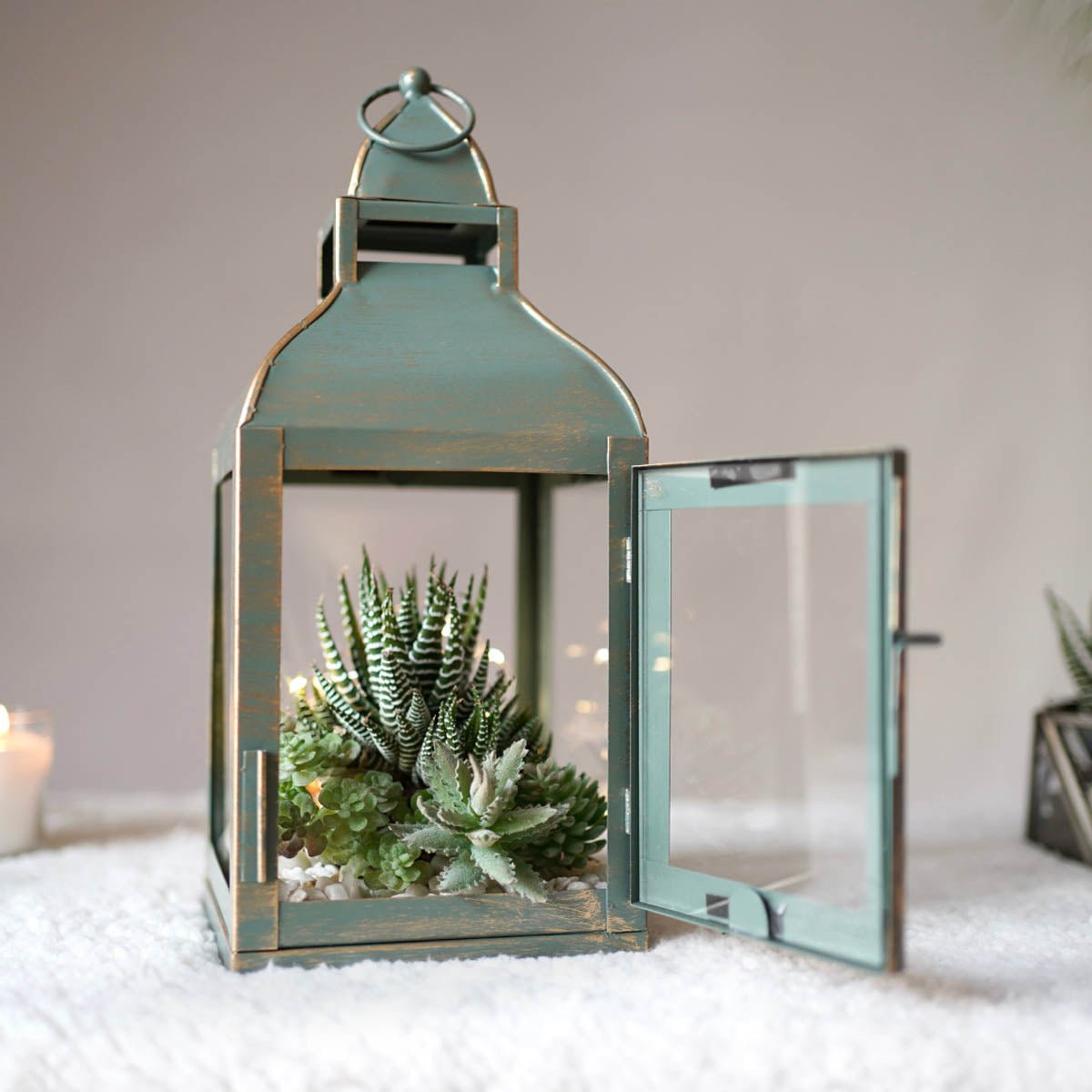 Miami Lantern, Rustic Dusk Green - Set - 11.4'' & 10.8'' - Behoma