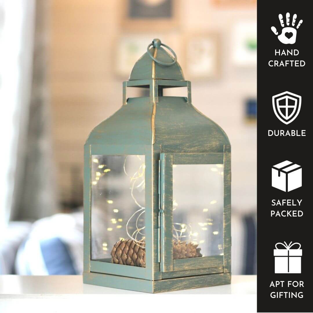 Miami Lantern, Rustic Dusk Green - Set - 11.4'' & 10.8'' - Behoma