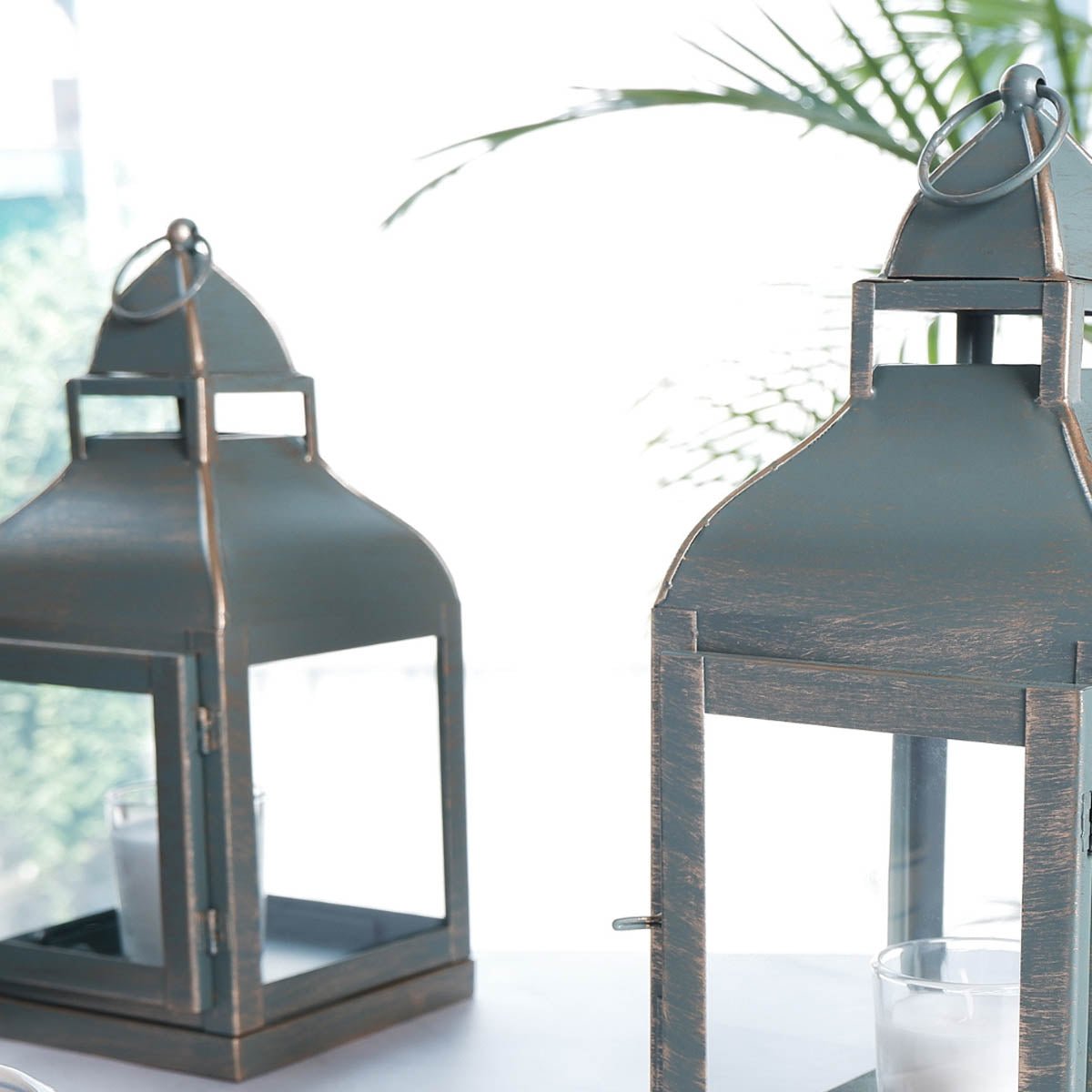 Miami Lantern, Rustic Dusk Green - Set - 11.4'' & 10.8'' - Behoma