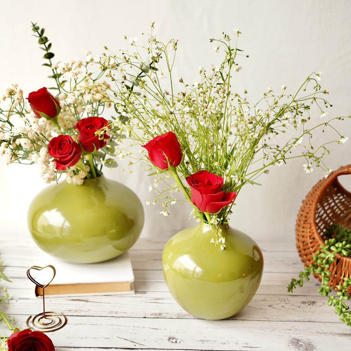 Olive green flower vase set of 2 