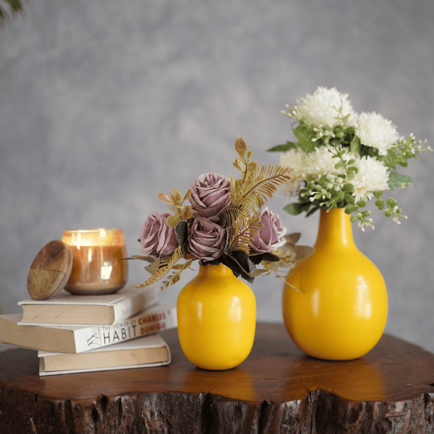 Yellow bud metal flower vase set of 2 